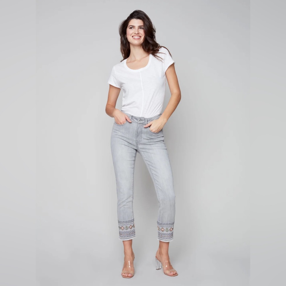 Charlie B Embroidered Grey Stretch Denim Jeans Size 8
